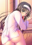  akiha_tohno ass blush bottomless brown_hair censored dress_shirt green_eyes hairband long_hair melty_blood mouth_hold no_panties ribbon shingetsutan_tsukihime shirt tohno_akiha toono_akiha tsukihime type-moon 