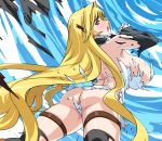 1girl ass blonde_hair blue_eyes blush breasts huge_breasts long_hair sekirei solo thigh_strap torn_clothes tsukiumi usatarou