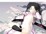  00s 1girl barefoot black_hair bottomless eyepatch flat_chest gintama highres navel nipples no_bra no_panties oka_asaha one_eye_closed open_clothes open_shirt shirt solo sword wallpaper weapon wink yagyu_kyubei yagyuu_kyuubei 