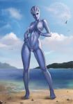 1girl alien asari beach bloocarrot blue_eyes blue_nipples blue_skin breasts cloud freckles humanoid liara_t'soni lips mass_effect nipples outside seaside sky video_games