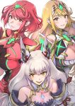  3_girls absurd_res animal_ears big_breasts blonde_hair chest_jewel cleavage cleavage_cutout clothing_cutout facial_mark high_res long_hair low_twintails mythra nia nia_(blade)_(xenoblade) nintendo pyra red_eyes red_hair short_hair small_breasts swept_bangs twin_tails ug333333 very_long_hair xenoblade_(series) xenoblade_chronicles_2 yellow_eyes 