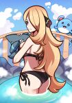 1girl 1girl ass blonde_hair cynthia_(pokemon) female_only nintendo pokemon sideboob touyarokii