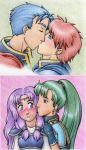 2boys 2girls armor blue_eyes blue_hair blush cape chart cheek_kiss circlet closed_eyes earrings eliwood eliwood_(fire_emblem) fingerless_gloves fire_emblem fire_emblem:_rekka_no_ken fire_emblem_7 fire_emblem_blazing_sword florina florina_(fire_emblem) friends from_behind gloves green_eyes green_hair hand_on_shoulder hector_(fire_emblem) jewelry kiss kissing long_hair love lowres lyn lyndis lyndis_(fire_emblem) multiple_boys multiple_girls nintendo pegasus_knight ponytail purple_hair red_hair redhead short_hair shy yaoi yuri