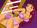 adjusting_bra adjusting_clothes ass ass_crack big_breasts bra breasts butt_crack deviantart getting_dressed kaytheyatagarasu mirror panties pink_bra pink_panties purple_bra purple_panties smile starfire teen_titans