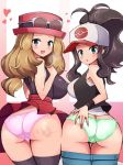 2girls ass big_breasts breasts chro_(rulurullu) hand_on_ass heart hilda looking_at_viewer looking_back multiple_girls open_mouth panties pokemon pokemon_bw pokemon_xy serena serena_(pokemon) sexy_ass skirt skirt_lift sweatdrop touko_(pokemon)