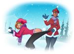 2girls ass bubble_butt funny gloves green_eyes hair hat headgear jacket lipstick multiple_girls pants_pulling pantyshot prank purple_eyes red_lipstick scarf shiny shiny_skin short_hair smile snow snowball sodano_(artist) white_panties woods