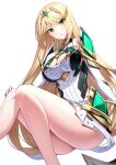  1girl alluring bare_shoulders big_breasts blonde_hair blush breasts chest_jewel cleavage cleavage_cutout clothing_cutout dress high_res long_hair looking_at_viewer mythra nintendo open_mouth ririko_(zhuoyandesailaer) short_dress swept_bangs thighs tiara white_dress xenoblade_(series) xenoblade_chronicles_2 yellow_eyes 