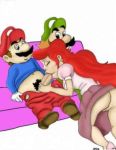  1girl 2boys fellatio luigi mario mario_(series) oral princess_peach princess_toadstool super_mario_bros. super_mario_bros._super_show 