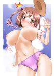  1girl big_breasts blush breasts brown_eyes brown_hair cameltoe cute hat hat_removed hataraku_maou-sama! headwear_removed huge_breasts looking_at_viewer navel nipples panties sasaki_chiho shimamoto_harumi short_hair solo straw_hat topless twintails underwear 