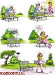 1boy 1girl 2girls ass bench blonde_hair bottomless brown_hair comic dress embarrassing hair human male multiple_girls park prank torn_clothes wardrobe_malfunction