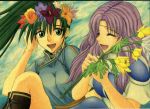  2girls :d armor armored_dress art artist_request boots breasts chinese_clothes circlet closed_eyes dress earrings fire_emblem fire_emblem:_rekka_no_ken fire_emblem_7 fire_emblem_blazing_sword florina florina_(fire_emblem) flower friends green_eyes green_hair hair hair_flower hair_ornament happy head_wreath jewelry laugh laughing lavender_hair long_hair lyn lyndis lyndis_(fire_emblem) multiple_girls mutual_yuri nintendo open_mouth pegasus_knight ponytail purple_hair sitting smile wreath yuri 