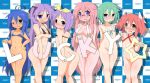  ass bikini_top blue_hair blush glasses green_hair hiiragi_kagami hiiragi_tsukasa iwasaki_minami izumi_konata kobayakawa_yutaka long_hair looking_at_viewer lucky_star multiple_girls pink_hair purple_hair red_hair short_hair sisters smile takara_miyuki twin_tails 