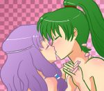 2girls art artist_request bare_shoulders blush circlet closed_eyes female fire_emblem fire_emblem:_rekka_no_ken fire_emblem_7 fire_emblem_blazing_sword florina florina_(fire_emblem) friends green_hair hair hand_holding hug interlocked_fingers kiss kissing lavender_hair long_hair love lyn lyndis lyndis_(fire_emblem) multiple_girls mutual_yuri neck nintendo nude pegasus_knight pink ponytail purple_hair saliva upper_body yuri