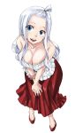 1girl :d bare_shoulders big_breasts blue_eyes breasts cleavage collarbone fairy_tail female frills hands_on_own_knees large_breasts leaning_forward long_hair long_skirt looking_at_viewer mashima_hiro mirajane_strauss official_art open_mouth scrunchie shiny shiny_clothes shiny_hair silver_hair skirt smile solo strapless topknot wrist_scrunchie