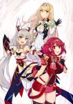  3_girls absurd_res alluring big_breasts blonde_hair high_res multiple_girls mythra nia nia_(blade) nia_(blade)_(xenoblade) nintendo pyra red_eyes red_hair shizuki_muika silver_hair small_breasts xenoblade_(series) xenoblade_chronicles_2 yellow_eyes 