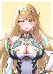  1girl absurd_res alluring babyface big_breasts blonde_hair cleavage high_res mythra mythra_(xenoblade) nintendo taro_(peach_taro51) tsundere xenoblade_(series) xenoblade_chronicles_2 yellow_eyes 