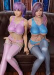  2_girls 2girls 3dloveandpeace alluring ayane ayane_(doa) big_breasts blue_eyes dead_or_alive dead_or_alive_2 dead_or_alive_3 dead_or_alive_4 dead_or_alive_5 dead_or_alive_6 dead_or_alive_xtreme dead_or_alive_xtreme_2 dead_or_alive_xtreme_3 dead_or_alive_xtreme_3_fortune dead_or_alive_xtreme_beach_volleyball dead_or_alive_xtreme_venus_vacation elise_(doa) female_only kunoichi lavender_hair lingerie on_couch pin_up pink_hair red_eyes silf stockings tecmo underboob 