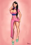 1girl asian big_breasts black_hair breasts cleavage dress fa_mulan hair long_fingernails long_hair mulan solo standing thick_lips uncensored vitalis_(artist)