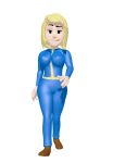 1girl 3d animated animated_gif blonde bodysuit bouncing_breasts breasts curvaceous curvy fallout fallout_4 gif hair hips shadman short_hair smile solo walking wide_hips