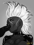 1girl breasts dark-skinned_female dark-skinned_male dark_skin fellatio marvel mohawk monochrome oral ororo_munroe penis pumpkinsinclair storm_(x-men) x-men