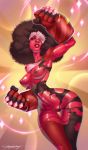 1girl afro areolae armpit ass bodysuit breasts brown_hair chromatic_aberration erotibot extra_eyes garnet garnet_(steven_universe) gradient gradient_background highres looking_at_viewer navel nipples nude parted_lips power_fist pussy red_skin shiny shiny_skin solo sparkle standing steven_universe sunglasses teeth thick_thighs thigh_gap thighs torn_bodysuit torn_clothes wide_hips