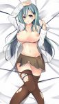 1girl 1girl big_breasts blush breasts brown_legwear clavicle cleavage green_eyes green_hair groin hair_ornament hairclip harenchi high_resolution kantai_collection long_hair looking_at_viewer lying navel nipples nopan on_back one_arm_up open_clothes open_shirt pleated_skirt rei_no_himo school_uniform shirt skirt stockings suzuya_(kantai_collection) torn_clothes torn_thighhighs