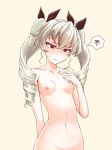  1girl anchovy_(girls_und_panzer) arm_behind_back blush breasts dorotabou_(dieter) drill_hair girls_und_panzer green_hair hair_ornament hair_ribbon high_resolution long_hair looking_down nude red_eyes ribbon small_breasts squiggle sweatdrop tied_hair twin_drills twin_tails yellow_background 