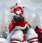 1girl 1girl 2015 anthro breasts canine clothing corset furry hair legwear looking_at_viewer mammal mistletoe_toe nipple_piercing nipples piercing popcornpanic red_hair smile snow stockings thong winter