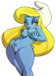 1girl artist_request blonde blonde_hair blue_skin blushing breast_sucking breasts cartoon female_only hanna-barbera hat nipples pussy self_breast_sucking simple_background smurfette solo_female tail the_smurfs transparent_background wide_hips