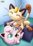 1boy 1girl barbs bbmbbf cum cum_in_mouth jigglypuff male/female masturbation meowth mouth nintendo open palcomix pokemon pokepornlive standing