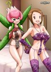 2girls big_breasts breasts brown_hair digihentai digimon hair lillymon lingerie multiple_girls nipples palcomix pink_hair short_hair smile yagami_hikari