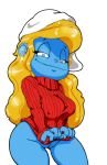 1girl artist_request blonde blonde_hair blue_eyes blue_skin bottomless breasts cartoon female hair hanna-barbera hat headgear long_hair pussy simple_background smile smurfette the_smurfs transparent_background turtleneck