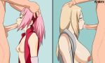 animated blonde_hair bouncing_breasts breasts_outside bubble closed_eyes cum_in_mouth fellatio gif huge_breasts kneel naruto naruto_shippuden pink_hair sakura_haruno saliva side_slit small_breasts tsunade