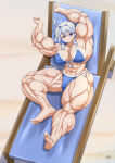 1girl abs ahoge barefoot beach_chair big_breasts bikini blue_bikini blue_eyes breasts cleavage duelist_rui feet furina_(genshin_impact) genshin_impact huge_thighs hyper_muscles looking_to_the_side muscular muscular_arms muscular_female muscular_legs reclining smile stretching thick_thighs white_hair