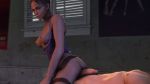 1girl 3d animated ass bottomless bouncing_breasts breasts breasts_outside brown_eyes brown_hair buttjob capcom clothed_female_nude_male dark-skinned_female dark_skin female from_behind gif grinding hair hetero human indoors interracial looking_back lying male nipples partially_clothed penis redmoa resident_evil resident_evil_5 reverse_cowgirl_position sex sheva_alomar smile source_filmmaker testicle testicles thigh_strap