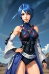 1girl aqua_(kingdom_hearts) arm_at_side armpits asymmetrical_bangs bangs bare_legs bare_shoulders black_detached_sleeves blue_eyes blue_hair blue_leotard breasts cloud day detached_sleeves expressionless female_only female_solo field hair_between_eyes hand_on_hip kingdom_hearts legs leotard light-skinned_female light_skin lips looking_at_viewer medium_breasts mountain neck outside rock short_hair skin_tight sky sleeveless sleeveless_leotard sleeveless_turtleneck square_enix standing star starry_sky thighs turtleneck turtleneck_leotard white_detached_sleeves wide_sleeves xalphafox xalphafox_(artist)