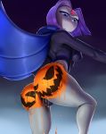  1girl ass bare_legs big_ass blue_eyes bodypaint bottomless breasts bubble_butt cameltoe cape dc_comics dcau frown grey_skin hairless_pussy halloween jack-o&#039;-lantern leotard looking_at_viewer looking_back no_panties puffy_nipples pumpkin pumpkin_butt purple_hair pussy raven_(dc) short_hair teen_titans the_boogie theboogie thighs 