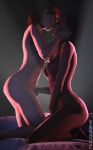 2girls 3d arm arms ass bare_legs bare_shoulders barefoot bed black_hair breasts commander_shepard dark dark-skinned_female dark_skin eye_contact female femshep fingering french_kiss hair huggybear interracial kiss kissing kneel kneeling legs looking_at_another mass_effect masturbation multiple_girls mutual_yuri nipples nude open_mouth red_hair samantha_traynor short_hair source_filmmaker tongue tongue_out yuri