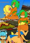 4girls ami_bandicoot ass breasts carrying closed_eyes crash_bandicoot_(series) crash_team_racing_nitro-fueled dat_ass furry head_on_breasts isabella_bandicoot megumi_bandicoot podium pyramid_(artist) sitting_on_person smothering_ass swimsuit tail tawna_bandicoot yuri