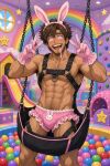 1boy abs age_regression ai_generated animal_ears body_hair bondage brain_drain brainwashing brown_hair chains chest_hair crossdressing drooling facial_hair frills gesturing_at_viewer gloves hair_ornament hairy_armpits harness hypnosis hypnotic_eyes hypnotized male_only mind_control muscular_male open_mouth panties_on_penis pectorals pink_panties pink_underwear rabbit_ears smile spiral_eyes suspension yaoi