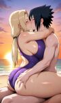  1boy 1girl ai_generated ass_grab beach black_hair blonde_hair closed_eyes embrace huge_ass huge_breasts kissing male/female milf naruto_shippuden passionate romantic_couple sasuke_uchiha sitting_on_lap squeezing swimsuit tsunade tsunade_senju 