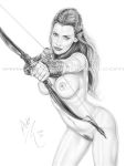 1girl 1girl armando_huerta bow breasts elf evangeline_lilly huge_breasts human looking_at_viewer monochrome nipples tauriel the_hobbit