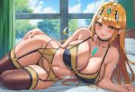  1girl 1girl alluring bedroom bedroom_eyes big_breasts blonde_hair blush cleavage curtains day female_only garter_belt garter_straps hand_on_hip lace-trimmed_bra lace-trimmed_panties lace-trimmed_thighhighs lace_trim lingerie long_hair lying lying_on_bed lying_on_side monolith_soft mythra_(xenoblade) nintendo on_bed pillow pink_lips seductive seductive_eyes seductive_smile tiara vermadis2x voluptuous voluptuous_female wide_hips xenoblade_(series) xenoblade_chronicles_2 yellow_hair 