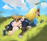 1girl 2d 2d_(artwork) 2d_art ass blonde_hair blue_eyes braid cloud day feet fellatio futa_focus futanari grass group group_sex huge_ass intersex korok larger_futa liuskin long_hair male nintendo on_stomach outside penis penis_size_difference pointy_ears princess_zelda size_difference sky smaller_male straight tagme the_legend_of_zelda torn_clothes tree wood