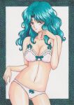  1girl adult_swim alluring bare_legs bishoujo_senshi_sailor_moon bishoujo_senshi_sailor_moon_s bishoujo_senshi_sailor_moon_s_the_movie bishoujo_senshi_sailor_moon_supers bishoujo_senshi_sailor_moon_supers_the_movie bra lingerie medium_breasts michiru_kaiou panties pin_up rascal_(n119) teal_eyes teal_hair toei_animation toonami underwear viz_media 