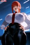  1girl ai_generated bra breasts chainsaw_man dominant dominant_female evilkuro05 huge_breasts light-skinned_female light_skin lipstick looking_at_viewer looking_down makima_(chainsaw_man) office_lady uniform 