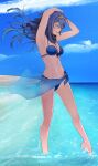 1girl 1girl absurd_res alluring alternate_costume arm_over_head arms_up athletic_female beach bikini blue_bikini blue_eyes blue_hair blue_sky blush breasts cleavage commentary day female_abs female_focus fire_emblem fire_emblem_awakening fire_emblem_heroes fire_emblem_warriors fit_female full_body hair_lift high_res intelligent_systems long_hair lucina lucina_(fire_emblem) medium_breasts navel nintendo ocean outside partially_submerged sand sarong sky smile standing stomach swimsuit tiara toned tusia wading water
