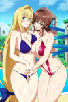  1girl 2_girls after_kiss alluring big_breasts bikini blonde_hair blue_bikini blue_swimsuit brown_hair clouds glasses green_eyes kissing large_breasts_lesbian lindaroze long_hair looking_at_viewer midriff mikado_ryouko navel one-piece_swimsuit outside pool poolside purple_one-piece_bikini purple_swimsuit saliva_trail short_hair sky swimming_pool swimsuit teacher tearju_lunatique to_love-ru water waterpark yellow_eyes yuri 