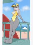 1girl absurd_res anthro areola areola_slip beach big_breasts biped blush bodily_fluids breasts breath cleavage clothed clothing digital_media_(artwork) disney eyewear female female_anthro fur glasses high_res highleg judy_hopps lagomorph leaning leaning_backward leaning_on_object legs_together leporid lifeguard lifeguard_swimsuit lifeguard_tower looking_at_viewer mammal nipples nude object_between_breasts one-piece_swimsuit panting rabbit reinecke sand seaside simple_background slim solo standing sweat swimwear tail water whistle_around_neck zootopia