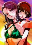 2_girls absurd_res alluring atlus big_breasts bikini black_eyeliner brown_eyes commentary_request eyeliner grey_hair hair_behind_ear hair_between_eyes high_res hugging long_hair looking_at_viewer makeup makoto_niijima niijima_makoto niijima_sae oeilvert_fft persona persona_5 sae_niijima sega short_hair siblings silf silfs sisters smile sunset swimsuit